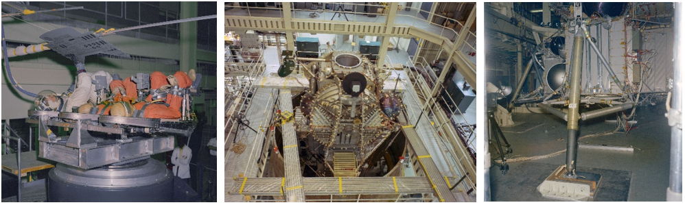 Left: In the VATF, astronaut Stuart A. Roosa, left, and two mannequins participate in vibration tests of Apollo Command Module crew couches in April 1968. Middle: LM Test Article-3 (LTA-3) undergoes vibration testing in the VATF in 1966. Right: Drop tests in the VATF with LM-2 in April 1969. Credits: NASA