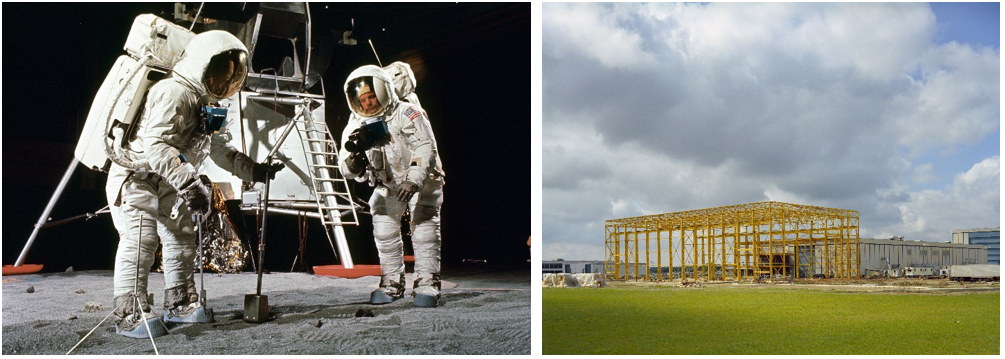 Left: Apollo 11 astronauts Edwin E. “Buzz” Aldrin and Neil A. Armstrong rehearse their lunar surface activities in April 1969. Right: Construction of the Building 9 addition to house space shuttle mock-ups under construction in May 1974. Credits: NASA