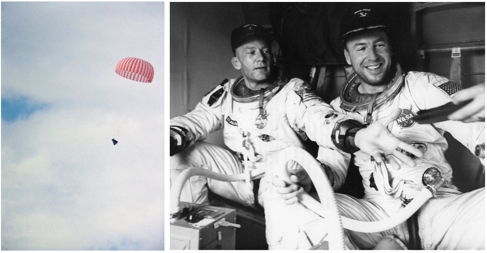 Left: The Gemini XII spacecraft descending on its parachute shortly before splashdown. Right: Gemini XII astronaut Edwin E. “Buzz” Aldrin, left, and James A. Lovell aboard the recovery helicopter. Credits: NASA