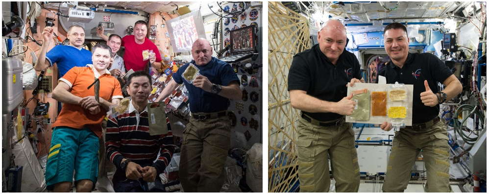 Thanksgiving 2015. Left: Expedition 45 crew members Mikhail B. Korniyenko, left, Oleg D. Kononenko, and Sergei A. Volkov of Roscosmos, NASA astronaut Kjell N. Lindgren, Kimiya Yui of the Japan Aerospace Exploration Agency, and NASA astronaut Scott J. Kelly pose before the Thanksgiving dinner table. Right: Kelly, left, and Lindgren show off Thanksgiving dinner items. Credits: NASA