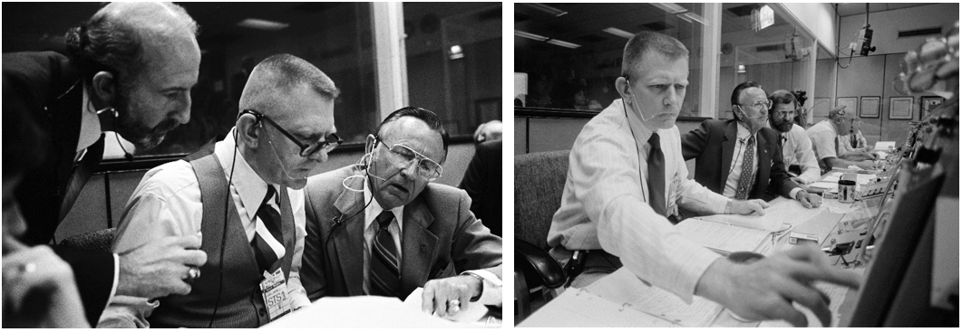 Left: In March 1982, in Johnson’s Mission Operations Control Room (MOCR), Center Director Christopher C. Kraft, right, reviews data with Thomas L. Moser, left, and Eugene F. Kranz, during the STS-3 mission. Right: In June 1982, Kraft, second from left, in the MOCR during the first day of the STS-4 mission with Kranz, left, and Flight Director Neil B. Hutchinson. Credits: NASA