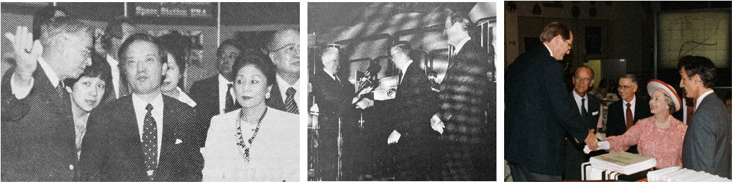 Left: Director of NASA’s Johnson Space Center Aaron Cohen, left, escorts Japanese Prime Minister Toshiki Kaifu and his wife Sachiyo, in Houston for the July 1990 Economic Summit of Industrialized Nations, through Building 9B. Middle: In December 1990, Cohen, center, welcomes Soviet Foreign Minister Eduard A. Shevernadze, left, to Johnson as U.S. Secretary of State James A. Baker looks on. Right: In May 1991, Cohen, center, tours Queen Elizabeth II of the United Kingdom, second from right, and her husband Prince Philip, second from left, through the Mission Control Center. Credits: NASA