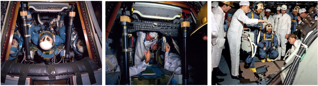 Left: James A. McDivitt, left, David R. Scott, and Russell L. Schweickart, the AS-205/208 crew, in Apollo Command Module-101 (CM-101) at North American Aviation’s Downey, California, plant. Middle: McDivitt, left, Scott, and Schweickart during a Crew Compartment Fit and Function test in CM-101. Right: The backup AS-205/208 crew of Thomas P. Stafford, left, John W. Young, kneeling, and Eugene A. Cernan waiting to climb aboard CM-101. Credits: NASA