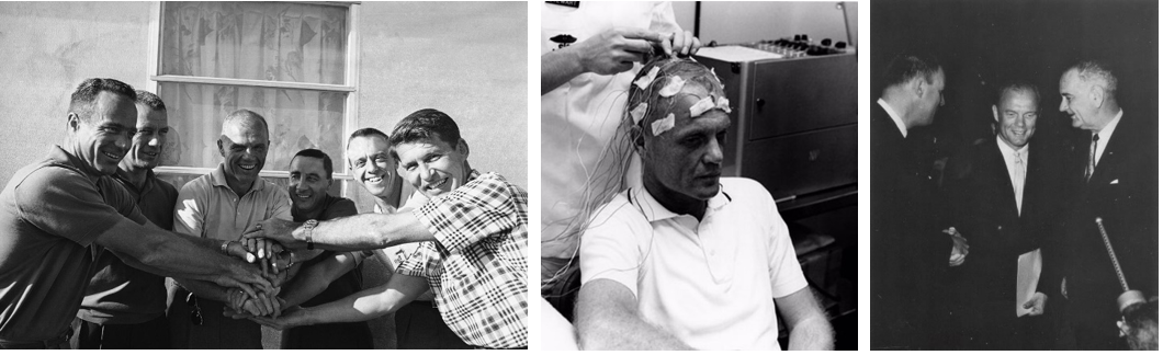 Left: Astronaut John H. Glenn, center, welcomed by five of his fellow Mercury astronauts at Grand Turk Island, Turks and Cacos Islands. Credits: Courtesy of AP Photo. Middle: Glenn undergoes medical tests on Grand Turk Island. Right: Vice President Lyndon B. Johnson, right, arrives at Grand Turk Island to escort Glenn back to the United States. Credits: NASA