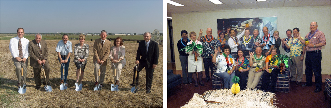 Left: In May 2003, Johnson Director Jefferson D. Howell, right, at the groundbreaking of the visitors pavilion for the Longhorn Project, with former Johnson director George W.S. Abbey, second from left. Right: On July 1, 2003, In the Mission Control Center, Howell, seated second from right, joins in the birthday celebration for astronaut Ed Lu aboard the space station. Credits: NASA