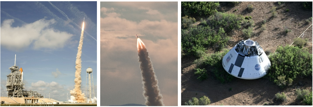 Left: In October 2009, the launch of the Ares 1-X rocket from Launch Pad 39B as Space Shuttle Atlantis sits on Pad 39A awaiting its launch on the STS-129 mission. Middle: Launch of an Orion capsule on the Pad Abort-1 (PA-1) mission from the White Sands Missile Range in New Mexico on a suborbital flight. Right: The Orion capsule after the conclusion of the PA-1 mission. Credits: NASA