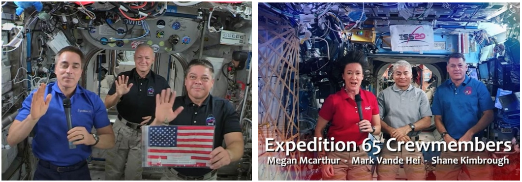 Left: July 4, 2020. Expedition 63 astronauts Christopher J. Cassidy, left, Douglas G. Hurley, and Robert L. Behnken, hold the STS-1 flag. Right: July 4, 2021. The Expedition 65 crew, K. Megan McArthur, left, Mark T. Vande Hei, and R. Shane Kimbrough, tape a Fourth of July message. Credits: NASA