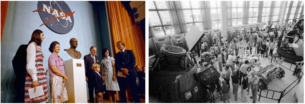 Left: The family of former President Lyndon B. Johnson during the ceremony renaming the Manned Spacecraft Center to NASA’s Johnson Space Center on Aug. 27, 1973. Right: April 1979 view of the auditorium lobby as a visitors center, displaying Apollo-era artifacts such as the Apollo 17 Command Module America, left, a training version of the Lunar Roving Vehicle, middle, and the Lunar Module Test Article-8, or LTA-8, partially visible at right. Credits: NASA