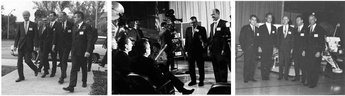 Left: The director of NASA’s Jet Propulsion Laboratory, William H. Pickering, left, begins the tour of JPL with Sevastyanov, Aldrin, and Nikolayev. Middle: Pickering, standing, introduces Sevastyanov, seated at left, and Nikolayev to the audience at JPL. Right: Nikolayev, left, astronaut M. Scott Carpenter, Pickering, Sevastyanov, and Aldrin stand in front of a model of a Surveyor robotic lunar lander. Credits: NASA
