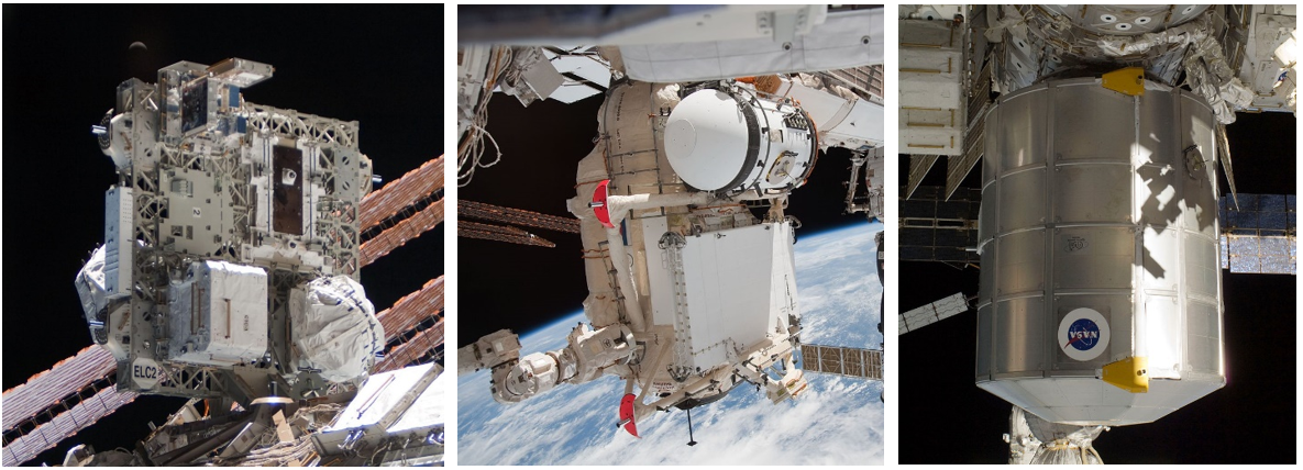 Additions on the last few space shuttle missions. Left: One of four EXPRESS Logistics Carriers. Middle: The Russian Rassvet research module. Right: The PMM stowage module. Image Credits: NASA