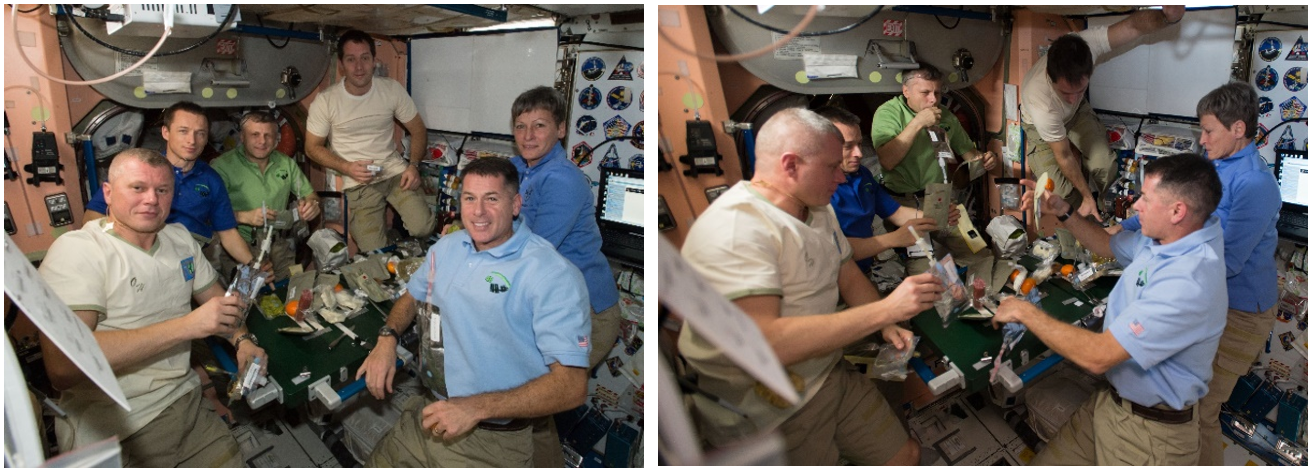 Thanksgiving 2016. Left: Expedition 50 crew members Oleg V. Novitsky, left, Sergei N. Ryzhikov, Andrei I. Borisenko, Thomas G. Pesquet, R. Shane Kimbrough, and Peggy A. Whitson pose before the Thanksgiving dinner table. Right: Expedition 50 crew tucks into the feast. Credits: NASA