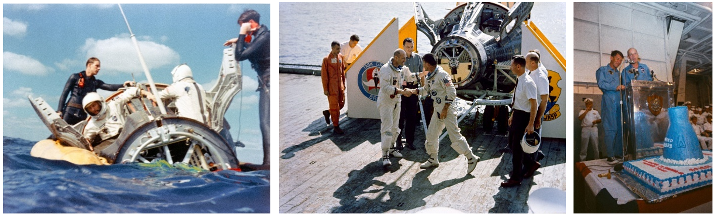 Left: Photograph taken by one of the recovery swimmers shortly after the Gemini VI splashdown, with astronauts Stafford, left, and Schirra emerging from the spacecraft. Middle: Astronauts Stafford, left, and Schirra shake hands in front of their Gemini VI spacecraft aboard the prime recovery ship USS Wasp.  Right: Gemini VI astronauts speak to the crew of the USS Wasp shortly after their recovery, with a celebratory cake in front. Credits: NASA