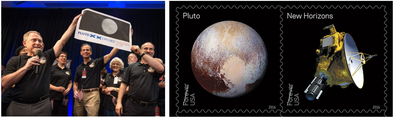 Left: At a press conference following the Pluto encounter, New Horizons Principal Investigator Alan Stern, left, Ralph Semmel, director of the Johns Hopkins University Applied Physics Laboratory, and team member Will Grundy hold up an enlarged version of the 1991 Pluto stamp, with the words “NOT YET” crossed out. Credits: NASA/Bill Ingalls. Right: The U.S. Postal Service released a new stamp of Pluto in 2016 to commemorate the New Horizons encounter. Credits: U.S. Postal Service