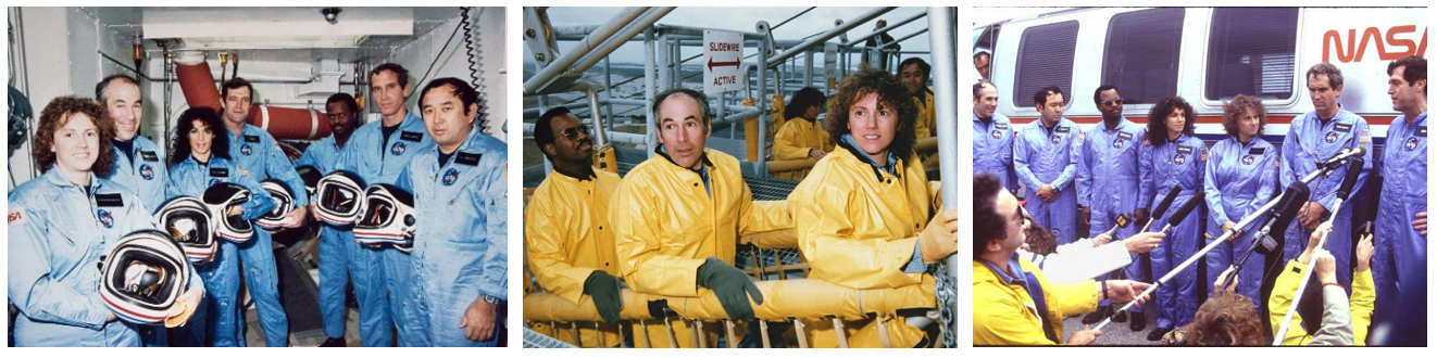 Left: STS-51L crew members McAuliffe, left, Jarvis, Resnik, Scobee, McNair, Smith, and Onizuka pose in the White Room of Launch Pad 39B during the TCDT. Middle: In the foreground basket, from left, McNair, Jarvis, and McAuliffe; and in the rear basket, from left, Resnik and Onizuka practice emergency escape procedures at Launch Pad 39B. Right: At the conclusion of the TCDT, Jarvis, left, Onizuka, McNair, Resnik, McAuliffe, Smith, and Scobee answer reporters’ questions in front of the Astrovan at Launch Pad 39B. Credits: NASA