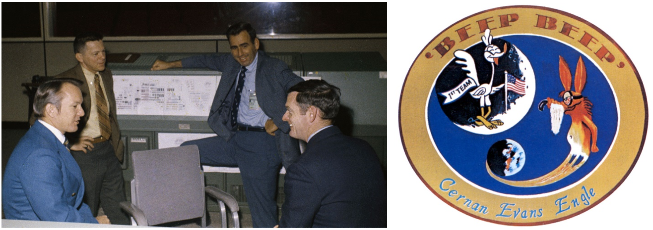 Left: Apollo 14 Flight Directors Gerald “Gerry” Griffin, left, M.P. “Pete” Frank, Milton L. Windler, and Glynn S. Lunney, in the MCC. Right: The patch designed by the Apollo 14 backup crew of Eugene A. Cernan, Ronald C. Evans, and Joe H. Engle, copies of which they surreptitiously placed around the spacecraft for the prime crew to find once in space. Credits: NASA