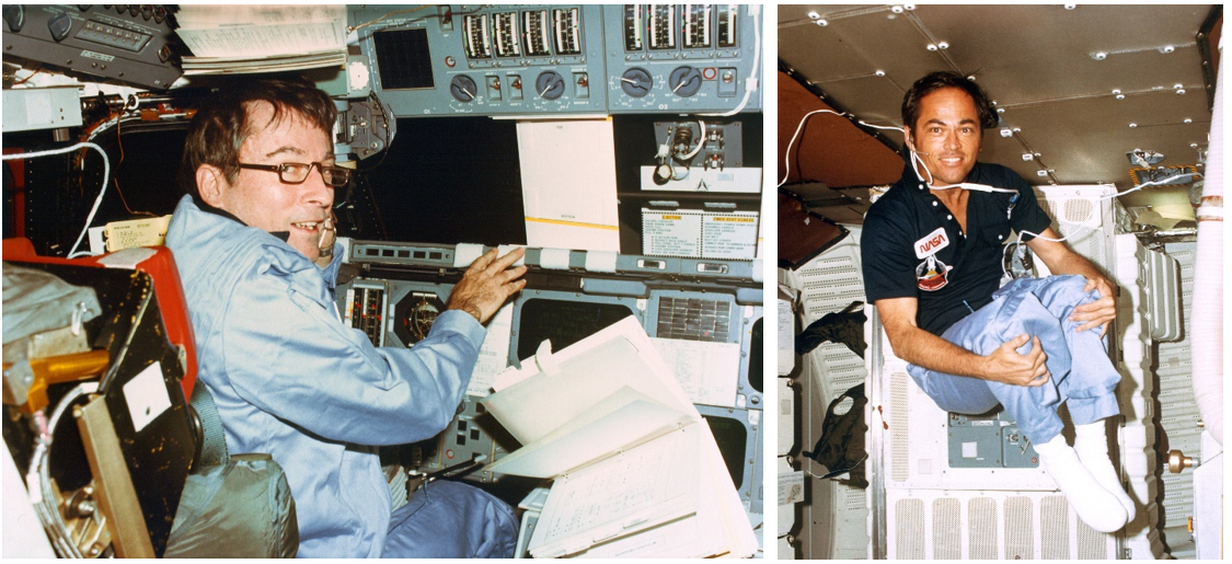 Left: STS-1 Commander John W. Young during a test of Columbia’s RCS thrusters. Right: STS-1 Pilot Robert L. Crippen enjoying weightlessness during his first flight in space. Credits: NASA