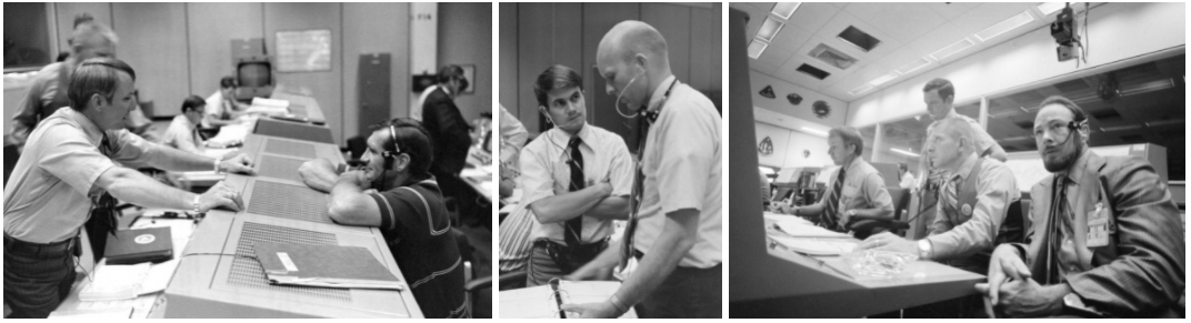 Left: In the Mission Control Center (MCC) at the Manned Spacecraft Center, now NASA’s Johnson Space Center in Houston, Flight Director Gerald D. Griffin, left, confers with Apollo 15 backup Commander Richard F. Gordon. Middle: Astronauts Joseph P. Allen, left, and C. Gordon Fullerton, both capsule communicators during Apollo 15. Right: In the MCC, Flight Directors Griffin, left, Glynn S. Lunney, and Eugene F. Kranz, and astronaut Edgar D. Mitchell monitor the progress of Apollo 15.