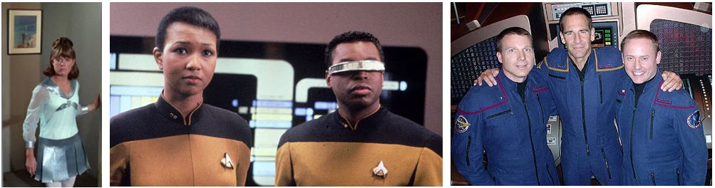 Left: Picture of the Gemini 6 launch in the background in the 1967 Star Trek episode Court Martial. Credits: Collectspace.com. Middle: NASA astronaut Mae C. Jemison, left, and actor LeVar Burton in a 1993 episode of Star Trek: The Next Generation. Credits: CBS. Right: NASA astronauts Terry W. Virts, left, and E. Michael Fincke, right, flank actor Scott Bakula on the set of Star Trek: Enterprise in 2005. Credits: CBS.