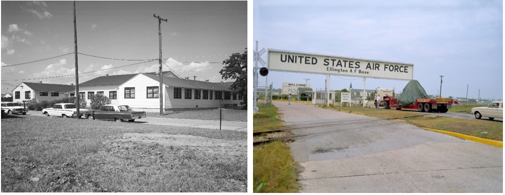 Left: Ellington Air Force Base (Site 8) housed procurement, financial management, photographic services, and supply for the Manned Spacecraft Center. Right: Ellington also handled aircraft operations and the delivery of spacecraft mock-ups, such as the Apollo Command Module that arrived in August 1962.