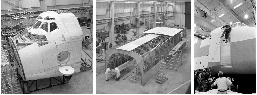 Left: Construction of the space shuttle Crew Compartment Trainer in November 1974. Middle: Construction of the space shuttle orbiter mid-body for the Full Fuselage Trainer in December 1974. Right: Astronaut Gerald P. Carr practices emergency egress from the space shuttle mock-up in Building 9A in March 1977. Credits: NASA