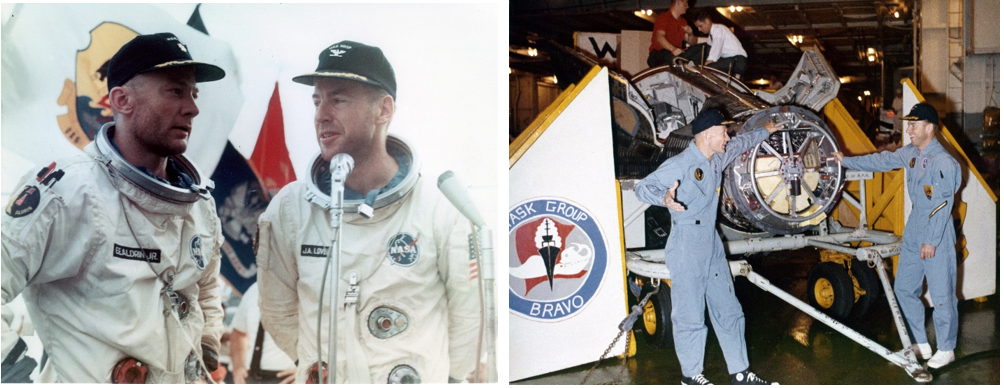 Left: Gemini XII astronauts Edwin E. “Buzz” Aldrin, left, and James A. Lovell on the deck of the prime recovery ship the USS Wasp. Right: Aldrin, left, and Lovell stand next to their Gemini XII spacecraft aboard the USS Wasp. Credits: NASA