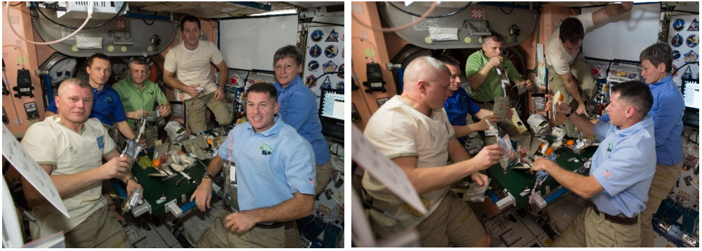 Thanksgiving 2016. Left: Expedition 50 crew members Oleg V. Novitsky, left, Sergei N. Ryzhikov, and Andrei I. Borisenko of Roscosmos, Thomas G. Pesquet of ESA, and NASA astronauts R. Shane Kimbrough and Peggy A. Whitson pose before the Thanksgiving dinner table. Right: The Expedition 50 crew tucks into the feast. Credits: NASA