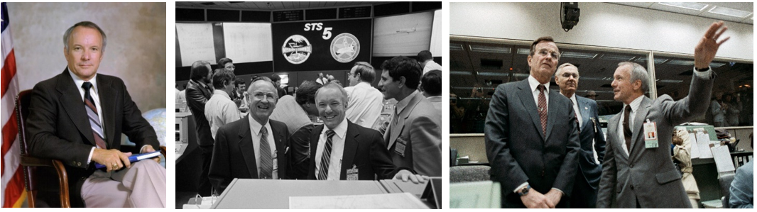 Left: Official portrait of Gerald D. Griffin, the third director of NASA’s Johnson Space Center in Houston. Middle: Griffin, with former Johnson Center Director Christopher C. Kraft, in the MCC at the conclusion of the STS-5 mission in November 1982. Right: Griffin explains the functions of the MOCR to Vice President George H.W. Bush during his visit to Johnson in April 1983 during the STS-6 mission. Credits: NASA