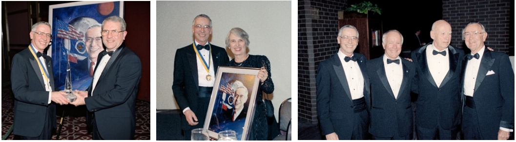 Left: NASA Administrator Richard H. Truly, right, congratulates Aaron Cohen, director of NASA’s Johnson Space Center in Houston, on receiving the 1991 Space Trophy from the Rotary National Award for Space Achievement Foundation. Middle: Cohen and his wife Ruth display the portrait painted for the occasion. Right: Four JSC directors at the February 1991 Rotary Awards ceremony – Aaron Cohen, left, Gerald D. Griffin, Robert R. Gilruth, and Christopher C. Kraft.