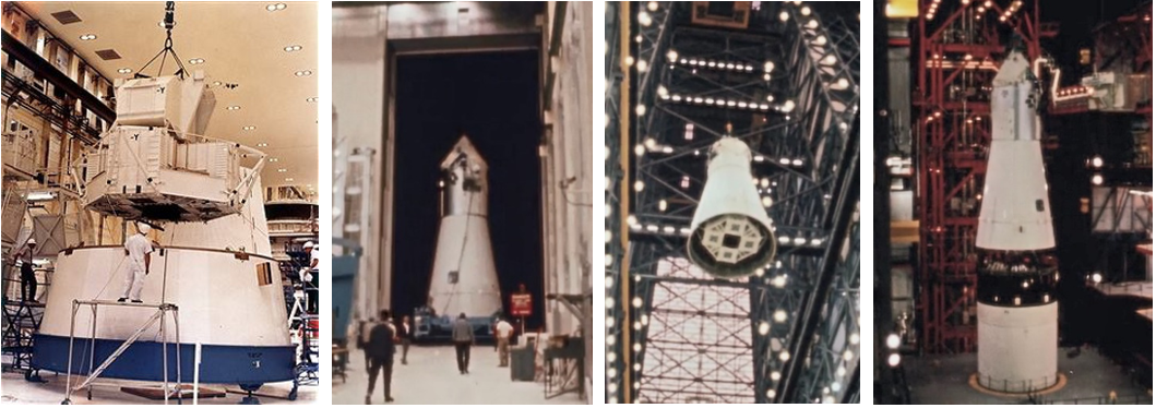 Left: Workers in the Manned Spacecraft Operations Building (MSOB) at NASA’s Kennedy Space Center in Florida lower the Lunar Module (LM) Test Article-10R (LTA-10R) into the Spacecraft LM Adapter (SLA). Middle left: The assembled spacecraft 017 departs the MSOB for the rollover to the Vehicle Assembly Building (VAB). Middle right: In the VAB, workers lift the assembled spacecraft 017 for mating with its Saturn V rocket, with the LTA-10R visible at the bottom of the SLA. Right: Workers lower spacecraft 017 onto the Saturn V SA-501 rocket. Credits: NASA