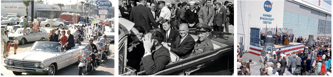 Left: Friendship 7 astronaut John H. Glenn, right, rides in a motorcade through Cocoa Beach, Florida, with his wife Annie and Vice President Lyndon B. Johnson. Middle: At Cape Canaveral Air Force Station, now Cape Canaveral Space Force Station, Glenn, center, rides in a limousine with President John F. Kennedy, left, and General Leighton I. Davis, commander of the Atlantic Missile Range. Right: The welcome reception for Glenn outside Hangar S of the Manned Spacecraft Center’s Cape Operations. Credits: NASA