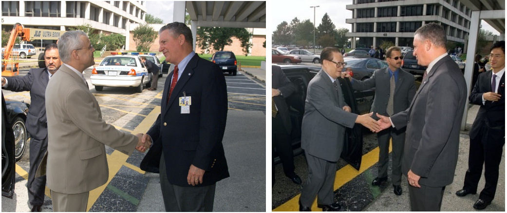 Left: In July 2003, Johnson Director Jefferson D. Howell, right, greets Prime Minister Vladimir Špidla of the Czech Republic outside the Mission Control Center. Right: In October 2003, Howell, right, greets President Jiang Zemin of the People’s Republic of China outside the Mission Control Center. Credits: NASA