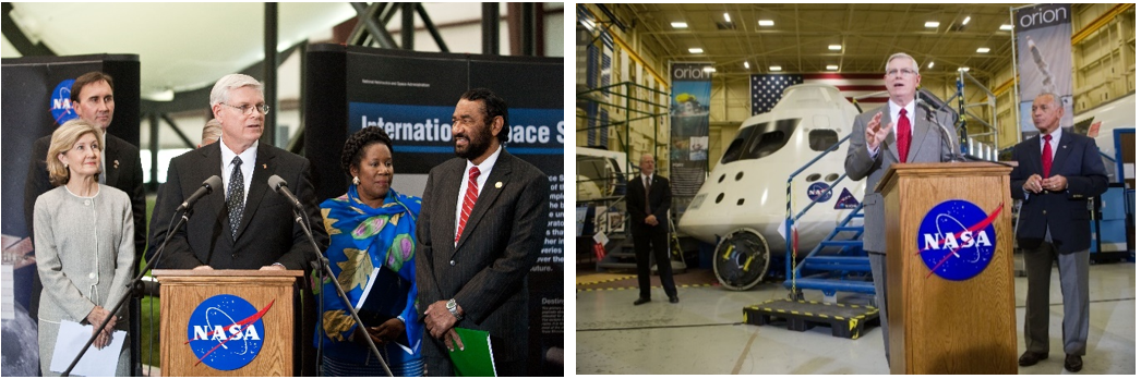 Left: During a media event in October 2010, Johnson Director Michael L. Coats addresses the audience as Texas and Houston-area politicians listen. Right: In September 2011, in front of an Orion spacecraft mock-up, Coats addresses the media as NASA Administrator Charles F. Bolden, right, and Orion Program Manager Mark S. Geyer, left, listen. Credits: NASA