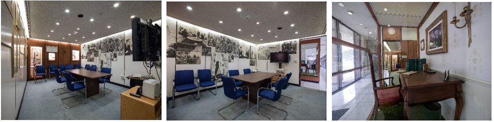 Three views of the Lyndon Baines Johnson Room, adjacent to the auditorium, displaying the President Johnson’s chair and desk and other memorabilia from his presidency. Credits: NASA