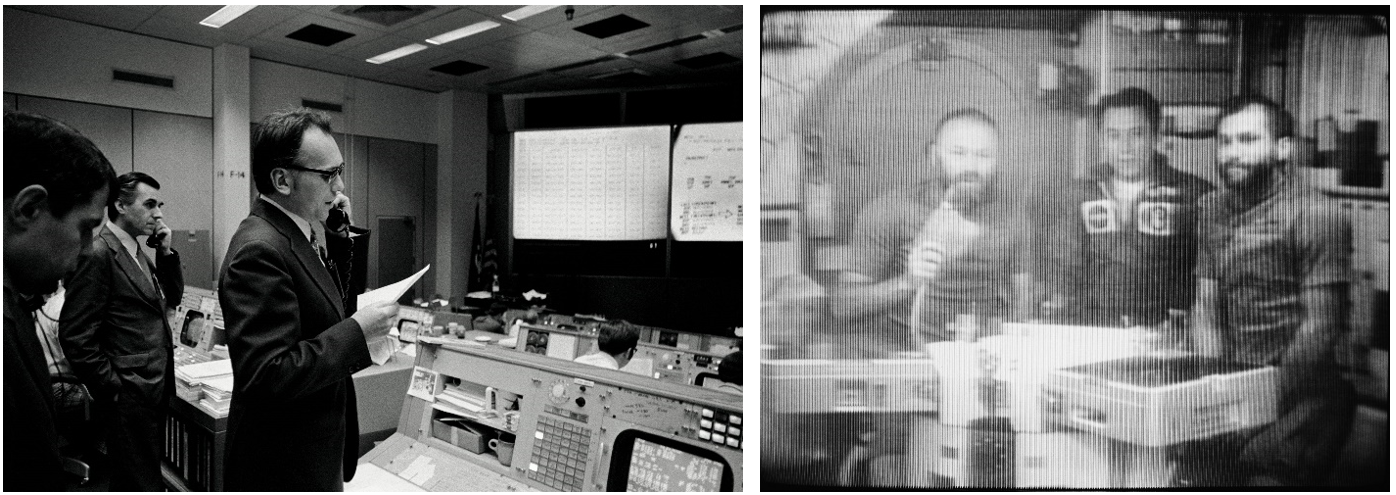 Left: Professor Lubos Kohoutek talks with the crew from the Mission Control Center. Right: The Skylab-4 crew of Carr, left, Gibson, and Pogue during the conference with Kohoutek. Credits: NASA