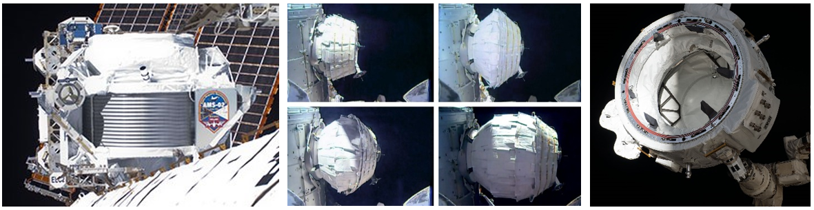 Left: The AMS particle physics experiment. Middle: Four views showing the expansion of the BEAM experimental module. Right: The IDA-2 during removal from a SpaceX transport vehicle. Image Credits: NASA
