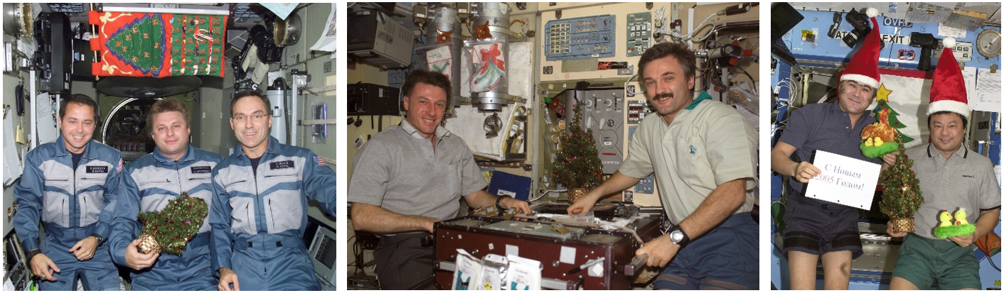 Left: The Expedition 4 crew of Daniel W. Bursch, left, Yuri I. Onufriyenko, and Carl E. Walz pose for their Christmas photo in 2001. Middle: C. Michael Foale, left, and Aleksandr Y. Kaleri of Expedition 8 celebrate Christmas in 2003. Right: The Expedition 10 crew of Salizhan S. Sharipov, left, and Leroy Chiao festooned for New Year’s Eve 2004. Credits: NASA