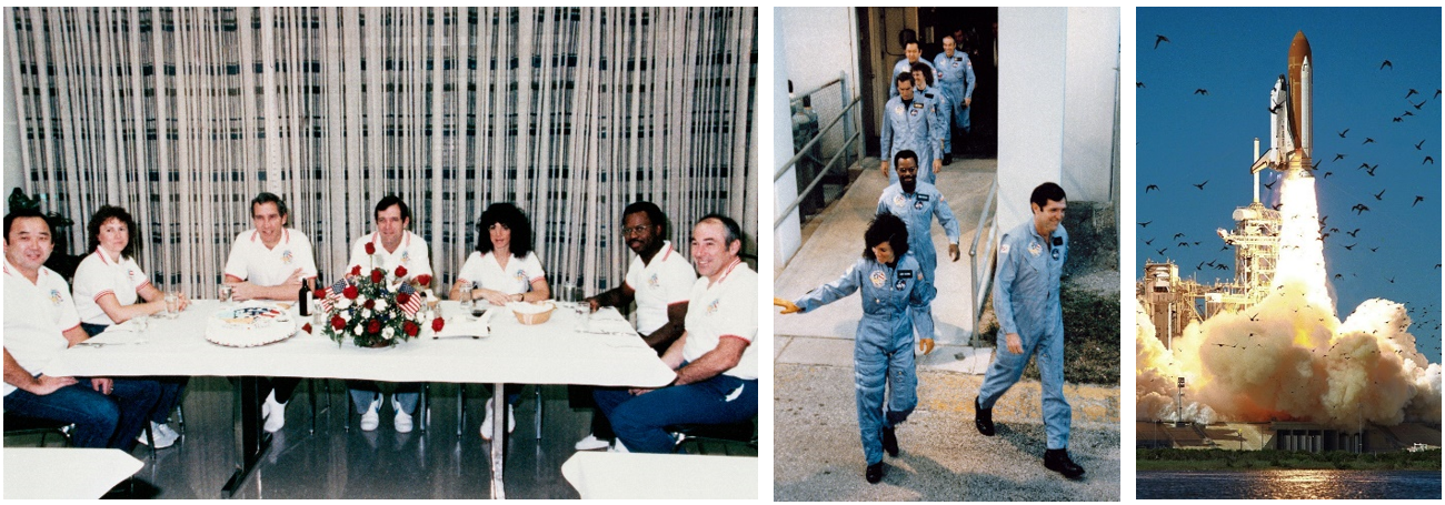 Left: STS-51L astronauts Onizuka, left, McAuliffe, Smith, Scobee, Resnik, McNair, and Jarvis enjoy the traditional prelaunch breakfast. Middle: STS-51L astronauts, front to back, Scobee, Resnik, McNair, Smith, McAuliffe, Onizuka, and Jarvis prepare to board the Astrovan for the ride out to Launch Pad 39B for the launch. Right: The launch of space shuttle Challenger on STS-51L. Credits: NASA