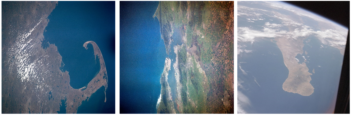 Three views of Earth taken by the STS-1 astronauts: Cape Cod, Massachusetts, left, the San Francisco Bay area, and southern Baja California, Mexico. Credits: NASA