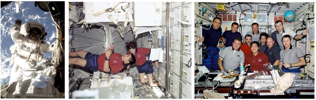 Left: NASA astronaut Daniel M. Tani waves during his STS-108 spacewalk. Middle: Tani, left, with STS-108 crewmate NASA astronaut Linda M. Godwin, inspect stowage bags in the MPLM. Right: Tani, front row, center, with his STS-108 crewmates and the Expedition 3 and 4 crews. Credits: NASA