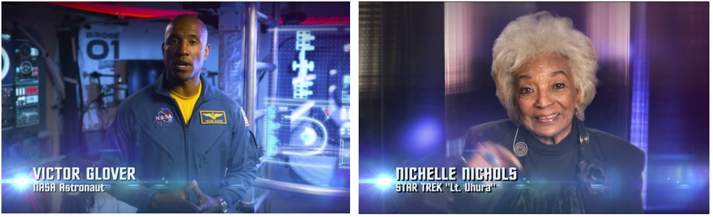 Left: NASA astronaut Victor J. Glover, host of the 2016 documentary, “NASA on the Edge of Forever: Science in Space.” Right: Actress Nichelle Nichols appearing in the documentary, “NASA on the Edge of Forever: Science in Space.” Credits: NASA