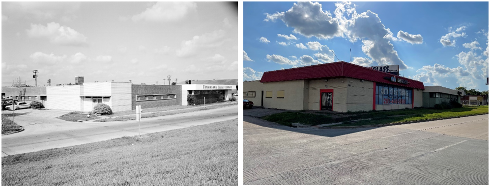Left: The Minneapolis Honeywell Building (Site 9) at 5440 Gulf Freeway housed the Manned Spacecraft Center’s Public Affairs Office. Right: The building today houses an auto glass service store.
