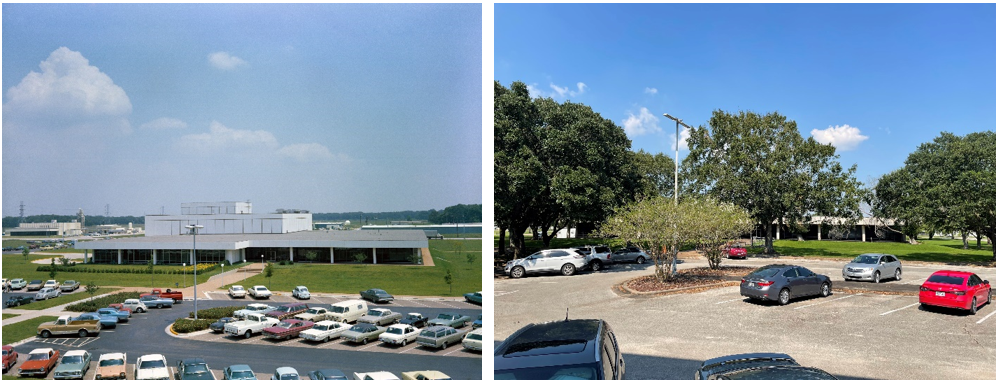 Building 37 in May 1969, left, and in October 2021. Credits: NASA