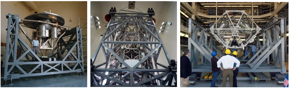 Left: The Wake Shield Facility shuttle payload with astronaut Ronald M. Sega during an October 1991 modal survey test in the VATF before flying on STS-60. Middle: The structural test article (STA) of the space station S0 truss segment during modal testing in the VATF in December 1998. Right: The space station Solar Array Rotary Joint STA during modal testing in the VATF in December 2007. Credits: NASA