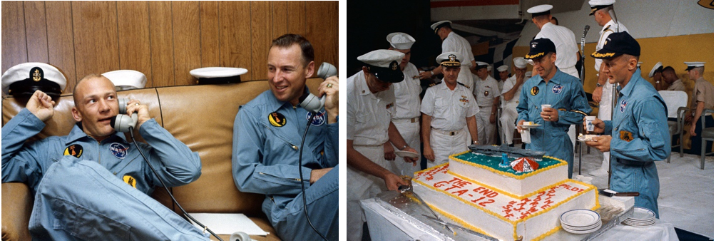 Left: Aboard the USS Wasp, Gemini XII astronauts Edwin E. “Buzz” Aldrin, left, and James A. Lovell receive congratulations from President Lyndon B. Johnson. Right: Lovell, left, and Aldrin enjoy celebratory cake aboard the Wasp. Credits: NASA