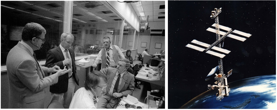 Left: Gerald D. Griffin, director of NASA’s Johnson Space Center in Houston, in the MCC during the STS-9/Spacelab-1 mission in December 1983. Right: Illustration of the proposed Power Tower configuration for the space station in 1984. Credits: NASA