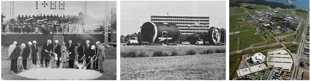 Left: Cohen, second from right, at the groundbreaking for Space Center Houston in May 1991. Middle: Workers tow the Skylab trainer from Johnson to Space Center Houston in November 1991. Right: Aerial view of Johnson with Space Center Houston in the foreground. Credits: NASA