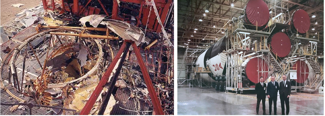 Left: Remains for the Saturn V third stage and the test stand following the Jan. 20, 1967 explosion. Credits: NASA. Right: William A. Anders, left, Frank Borman, and Michael Collins assigned to the SA-503 mission, the first crewed flight of the Saturn V, pose in front of the first stage of the Moon rocket in 1967. Credits: Courtesy of The Boeing Co.