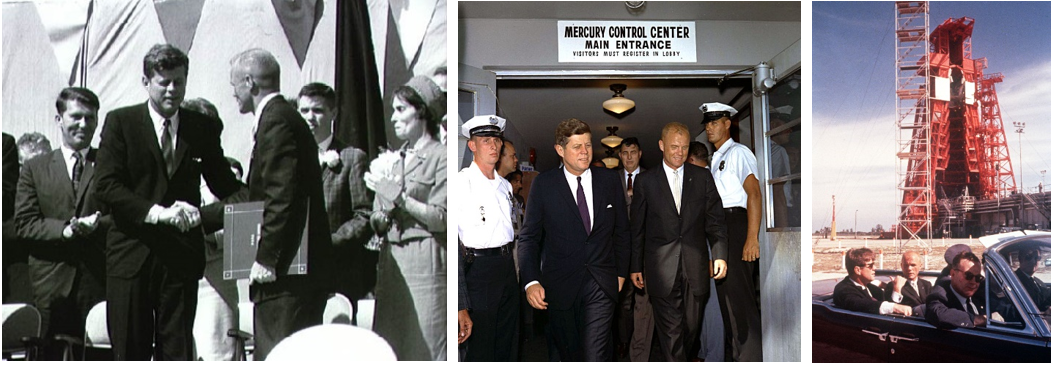Left: President John F. Kennedy, left, presents astronaut John H. Glenn with the NASA Distinguished Service Medal outside Hangar S. Middle: Kennedy, left, and Glenn leave the MCC. Right: Kennedy, left, and Glenn prepare to depart after touring Launch Complex 14. Credits: NASA