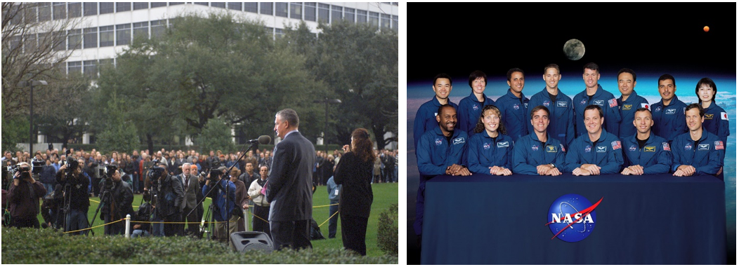 Left: Jefferson D. Howell, director of NASA’s Johnson Space Center, addresses employees on the one-year anniversary of the STS-107 Columbia accident. Right: The astronaut class of 2004. Credits: NASA