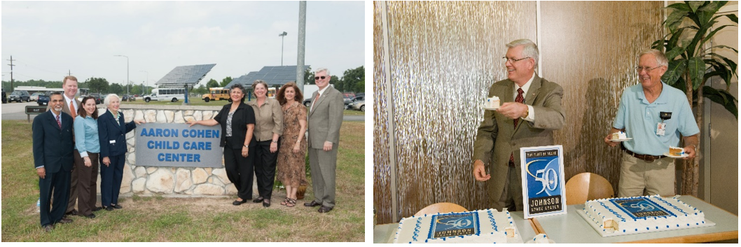 Left: In May 2010, Johnson Director Michael L. Coats, right, attends the renaming ceremony of the Child Care Center after former Center Director Aaron Cohen, whose widow, Ruth, is fourth from left. Right: In September 2011, Coats and Apollo 16 astronaut Charles M. Duke hand out cake to employees to celebrate Johnson’s 50th anniversary. Credits: NASA